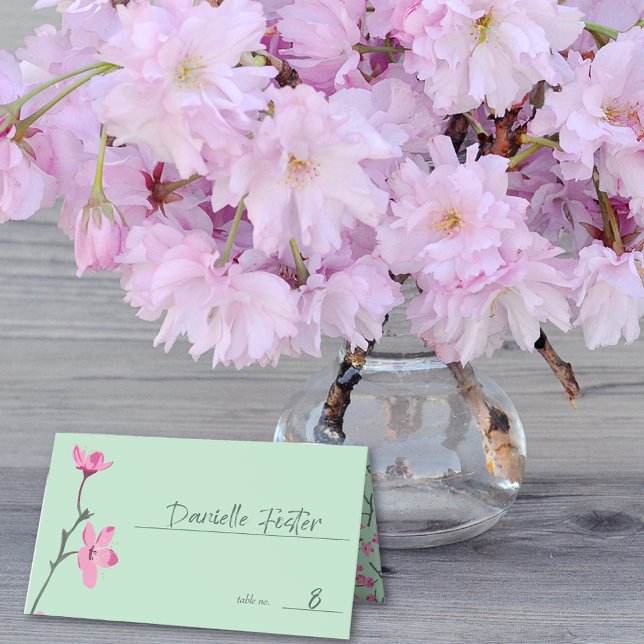 Pink Cherry Blossom Mint Green Place Card (Creator Uploaded)