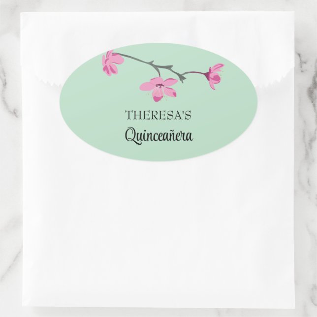 Pink Cherry Blossom Mint Green Quinceanera Oval Sticker (Bag)