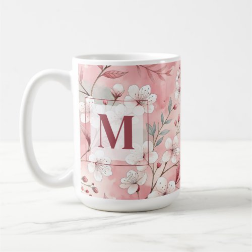 Pink cherry blossom monogram coffee mug