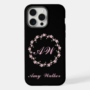 Pink Cherry Blossom Monogram  Floral Wreath iPhone 15 Pro Max Case