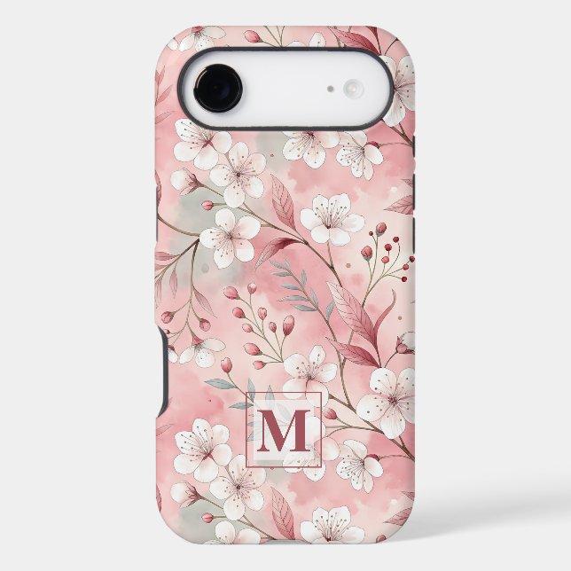 Pink cherry blossom monogram iPhone case (Back)