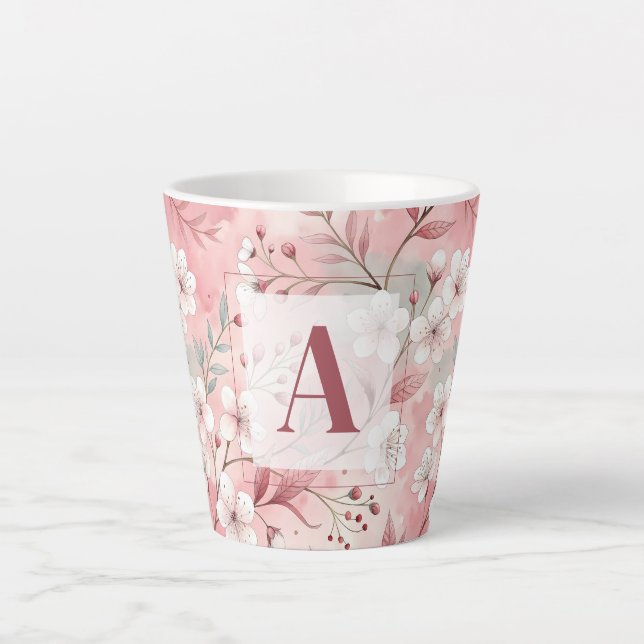 Pink cherry blossom monogram latte mug (Front)