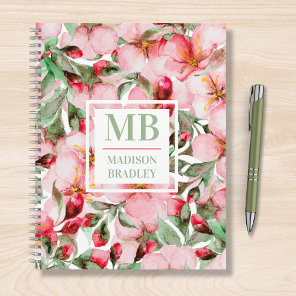 Pink Cherry Blossom Monogram Personalized Name Notebook