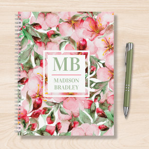 Pink Cherry Blossom Monogram Personalized Name Notebook