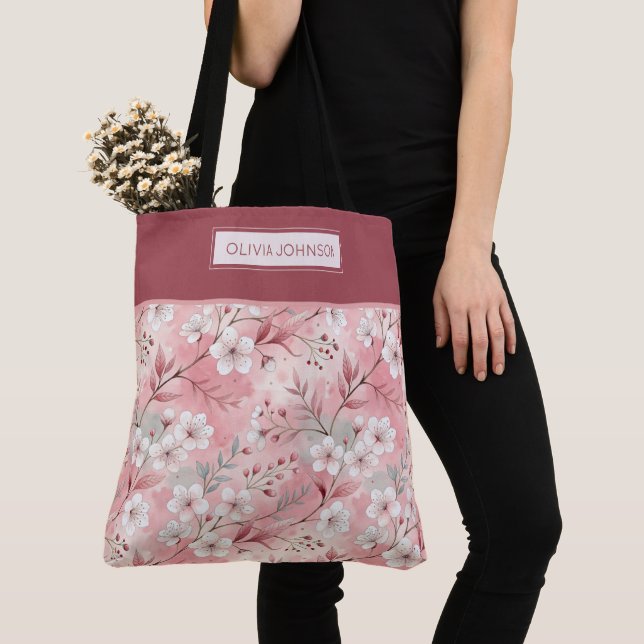 Pink cherry blossom monogram tote bag (Close Up)