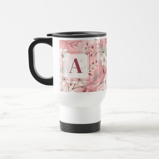 Pink cherry blossom monogram travel mug (Left)