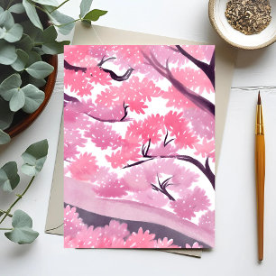 Pink Cherry Blossom Nature Watercolor Postcard