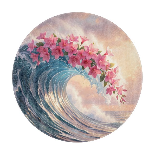  Pink Cherry Blossom Ocean Wave Surreal  Cutting Board (Front)