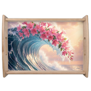 Pink Cherry Blossom Ocean Wave Surreal Serving Tray