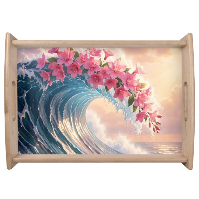  Pink Cherry Blossom Ocean Wave Surreal  Serving Tray (Front)