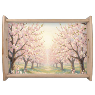 Pink Cherry Blossom Orchard Spring Landscape Serving Tray