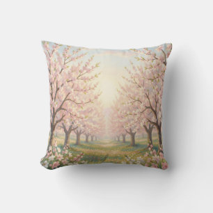Pink Cherry Blossom Orchard Spring Landscape Throw Pillow