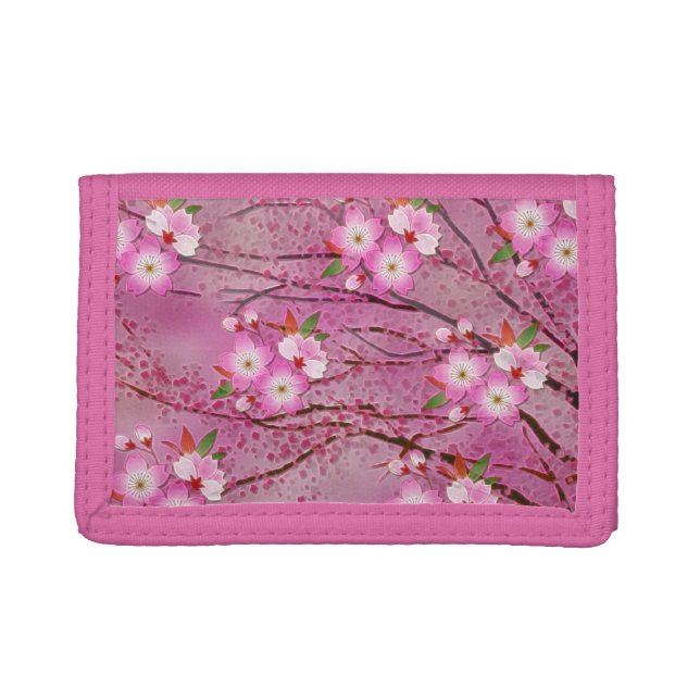 Pink Cherry Blossom Origami Art Tri-fold Wallet (Front)