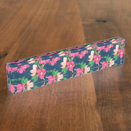 Pink Cherry Blossom Paint Navy_Blue Design Case_Ma Desk Name Plate
