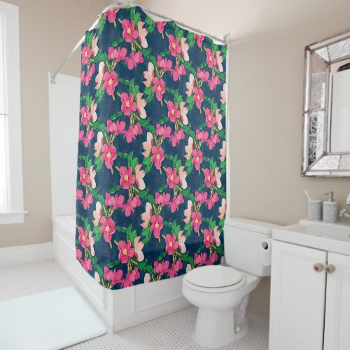 Pink Cherry Blossom Paint Navy_Blue Design Case_Ma Shower Curtain