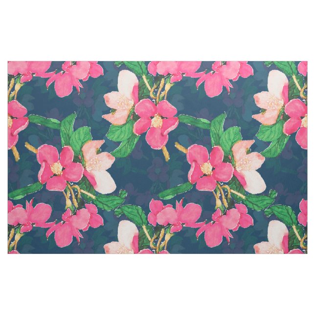 Pink Cherry Blossom Paint Navy-Blue Design Fabric (Fat Quarter)