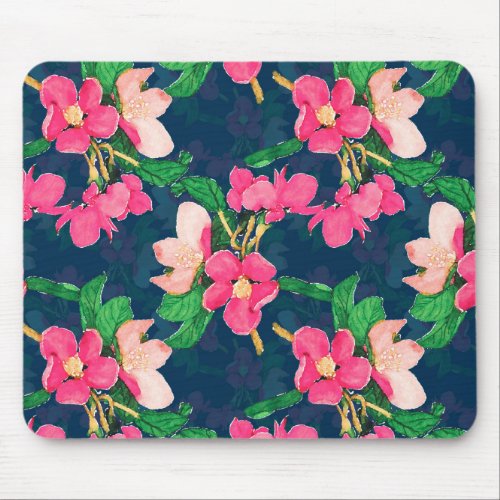 Pink Cherry Blossom Paint Navy_Blue Design Mouse Pad