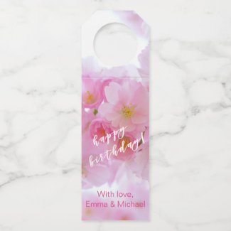 Pink Cherry Blossom Photo - Happy Birthday Bottle Hanger Tag