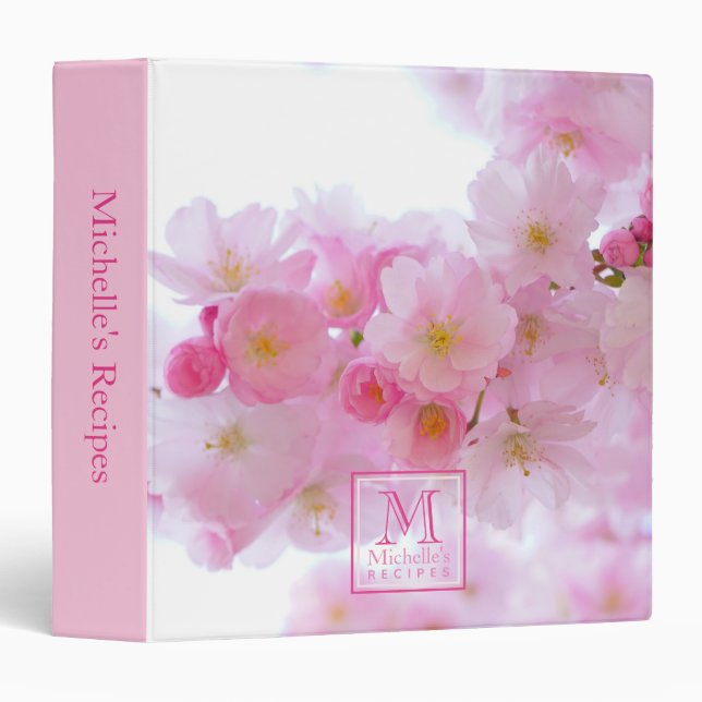 Pink Cherry Blossom Photo Monogrammed Recipes 3 Ring Binder (Front/Spine)