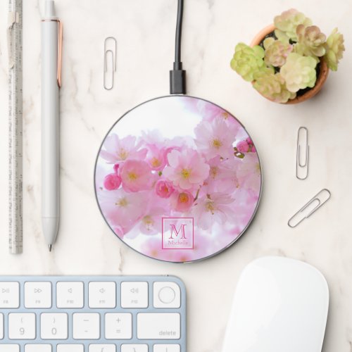 Pink Cherry Blossom Photo _ Monogrammed Wireless Charger