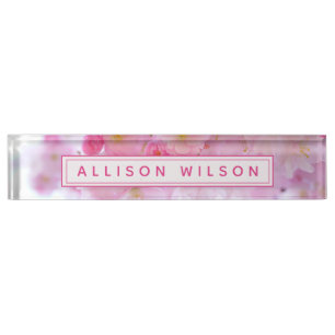Pink Cherry Blossom Photo - Personalized Desk Name Plate