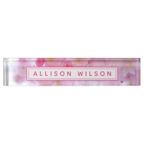 Pink Cherry Blossom Photo _ Personalized Desk Name Plate