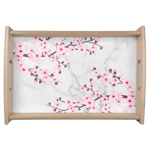 Pink Cherry Blossom Pink Marble Modern Floral Serving Tray