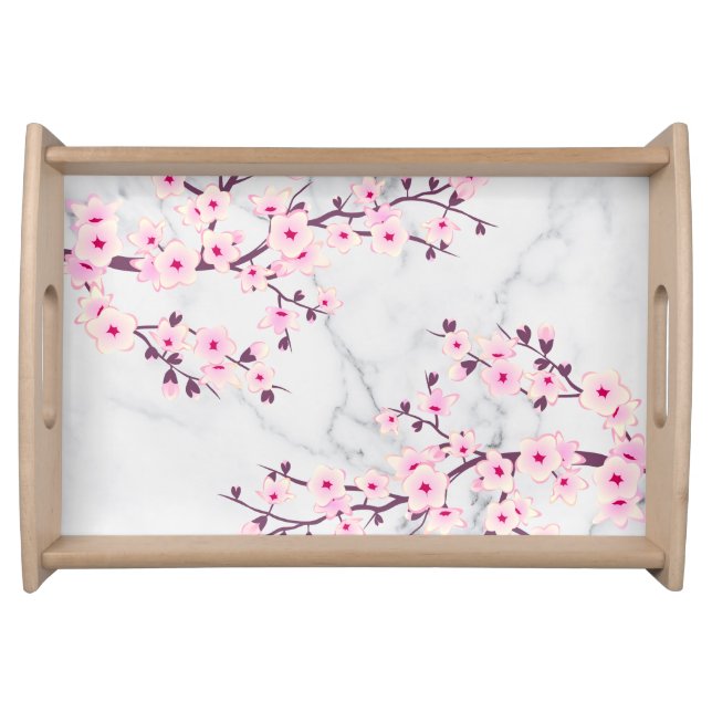Pink Cherry Blossom Pink Marble Modern Floral Serving Tray (Front)