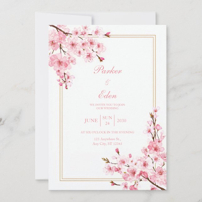 Pink Cherry Blossom Romantic Gold Frame Wedding Invitation (Front)