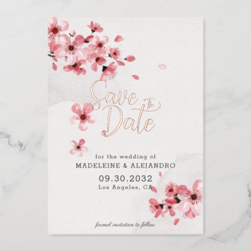 Pink cherry blossom romantic wedding Save the date Foil Invitation