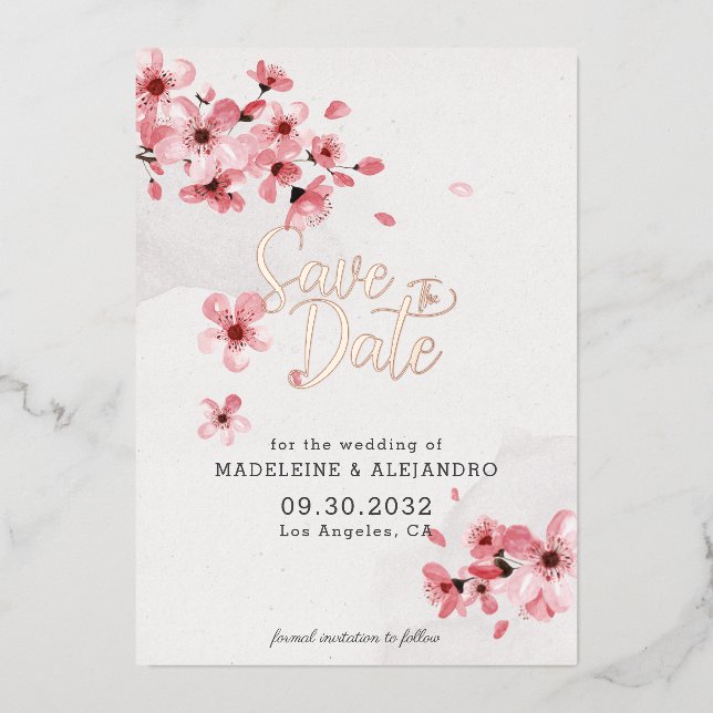 Pink cherry blossom romantic wedding Save the date Foil Invitation (Front)