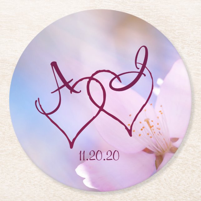 Pink cherry blossom round paper coaster (Front)