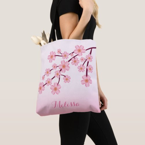 Pink Cherry Blossom Sakura Floral Branch With Name Tote Bag