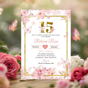 Pink Cherry Blossom Sakura Gold 15th Quinceañera Invitation
