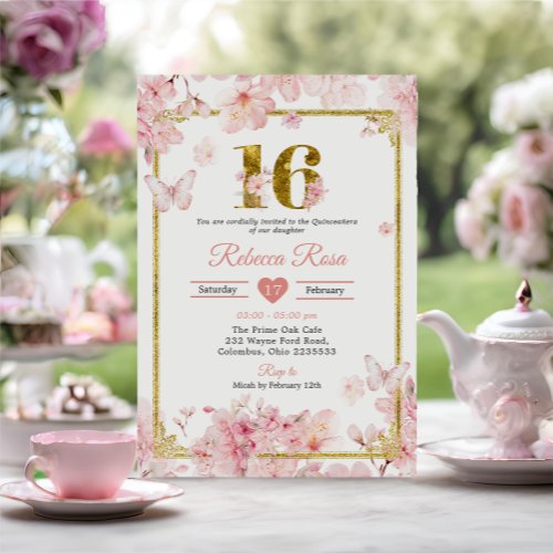 Pink Cherry Blossom Sakura Gold Quinceaera Invitation