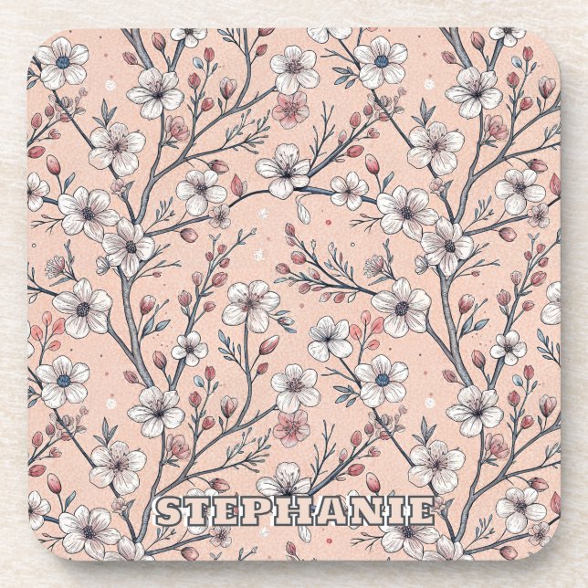 Pink Cherry Blossom Sakura Pattern on Pink (1) Beverage Coaster (Front)