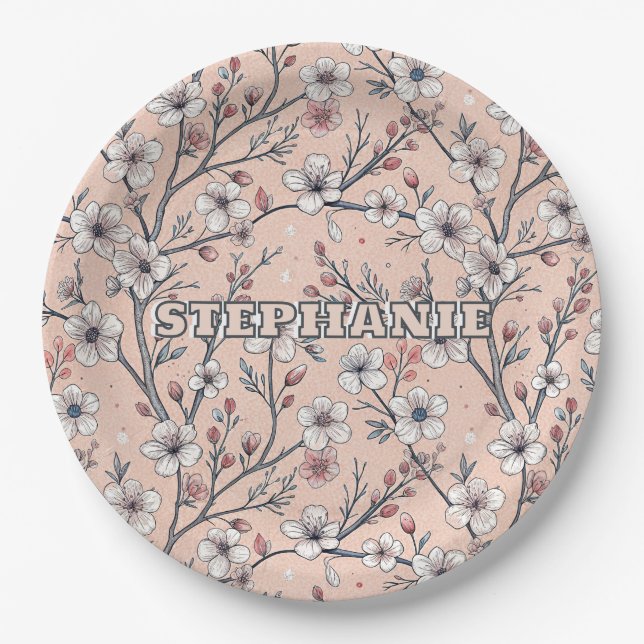 Pink Cherry Blossom Sakura Pattern on Pink (1) Paper Plates (Front)