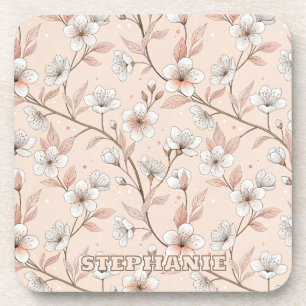 Pink Cherry Blossom Sakura Pattern on Pink (2) Beverage Coaster