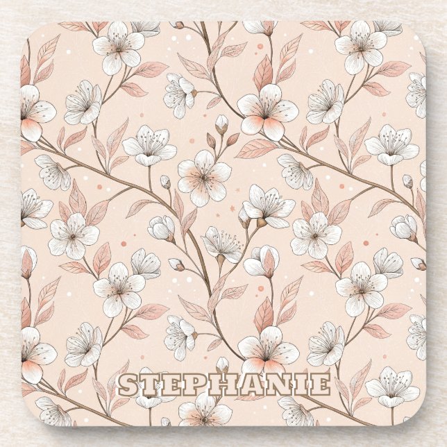 Pink Cherry Blossom Sakura Pattern on Pink (2) Beverage Coaster (Front)