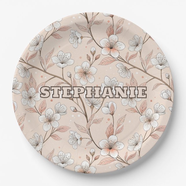 Pink Cherry Blossom Sakura Pattern on Pink (2) Paper Plates (Front)