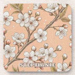 Pink Cherry Blossom Sakura Pattern on Pink (3) Beverage Coaster