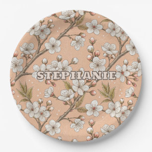 Pink Cherry Blossom Sakura Pattern on Pink (3) Paper Plates