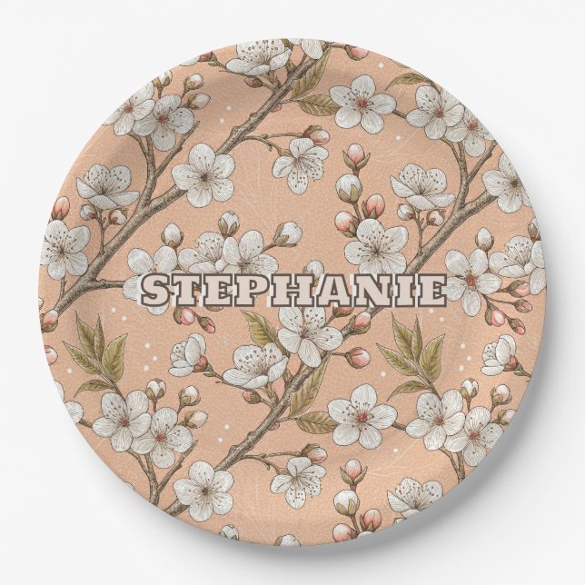 Pink Cherry Blossom Sakura Pattern on Pink (3) Paper Plates (Front)