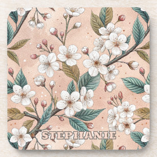 Pink Cherry Blossom Sakura Pattern on Pink (4) Beverage Coaster