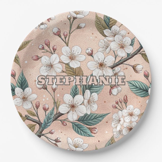 Pink Cherry Blossom Sakura Pattern on Pink (4) Paper Plates (Front)