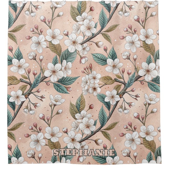 Pink Cherry Blossom Sakura Pattern on Pink (4) Shower Curtain (Front)