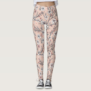 Pink Cherry Blossom Sakura Pattern on Pink Leggings