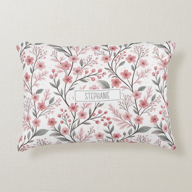 Pink Cherry Blossom Sakura Pattern on White (1) Accent Pillow (Front)