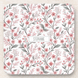Pink Cherry Blossom Sakura Pattern on White (1) Beverage Coaster