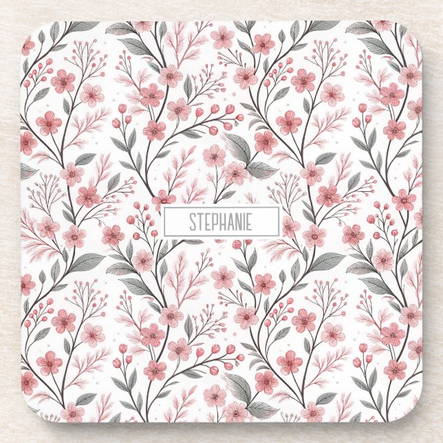Pink Cherry Blossom Sakura Pattern on White (1) Beverage Coaster (Front)